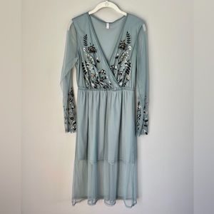 Xhilaration Teal Mesh Embroidered Mock Wrap V-Neck Dress M
